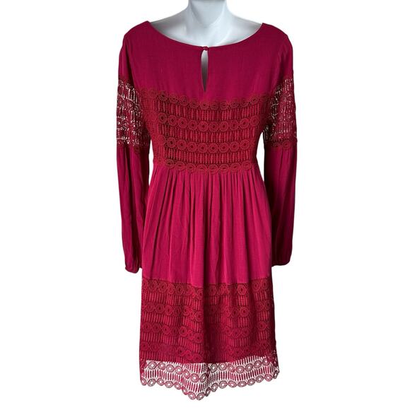 Anthropologie Whimsigoth Raspberry Red Crochet Lace Dress Sz 2 Lined Long Sleeve - Picture 9 of 16